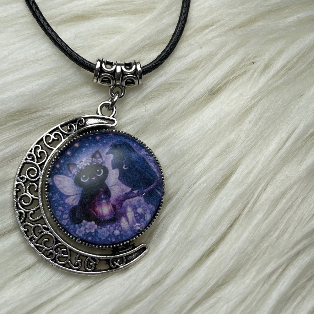 Double Black Cat Double Sided Moon Pendant - Gothic Witchy Jewelry -Artisan - Picture 13 of 16